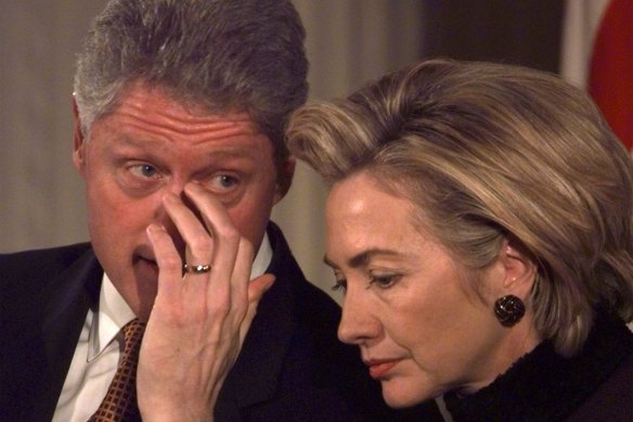 Bill and Hillary Clinton at the White House in 1999. Clinton went about his normal schedule, even as the Senate started the first day of his impeachment trial.