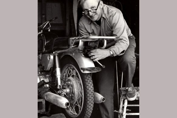 Robert Pirsig maintaining his motorcycle in 1975.