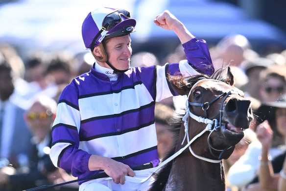 James McDonald returns to scale on Riff Rocket after winning the Victoria Derby.