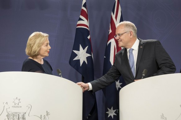 Buttrose with Scott Morrison in February, 2019. “We were having a chit-chat and the PM said, ‘I’d like to offer you the chair of the ABC’“.