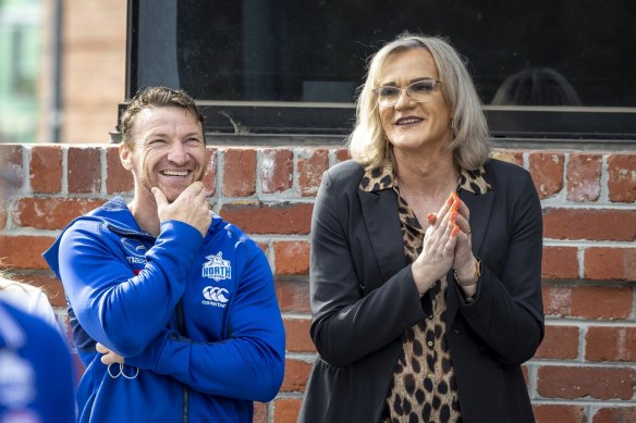 Dani Laidley (right) with former teammate Brent Harvey at a North Melbourne Football Club function last year.