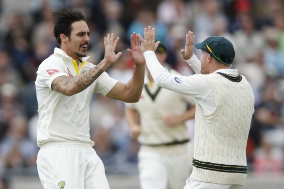 Mitchell Johnson and David Warner in happier times.