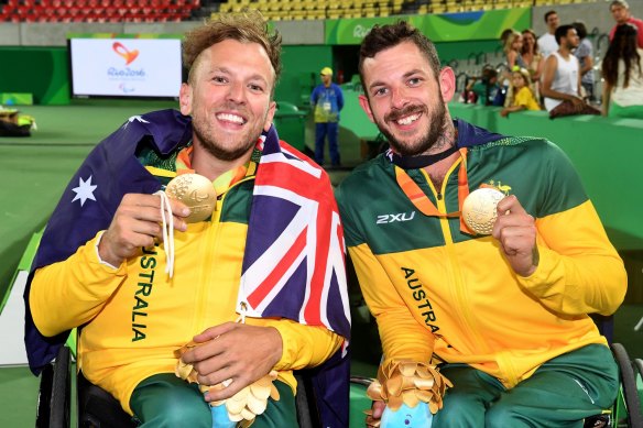 Dylan Alcott and Heath Davidson after their quad doubles final victory in Rio.