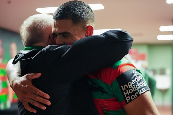 Prime Minister Anthony Albanese embraces Latrell Mitchell in the Rabbitohs’ dressing room.