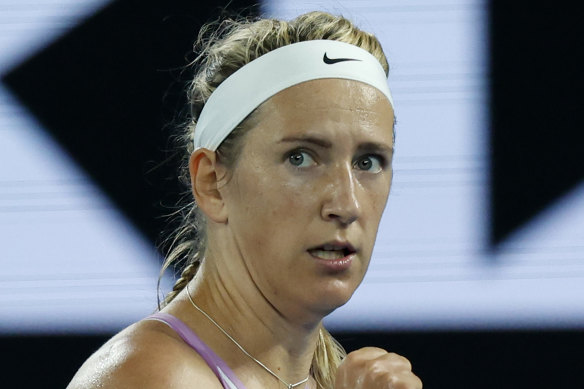 Victoria Azarenka reacts after winning a rally. 