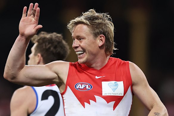 Isaac Heeney of the Swans celebrates a goal.