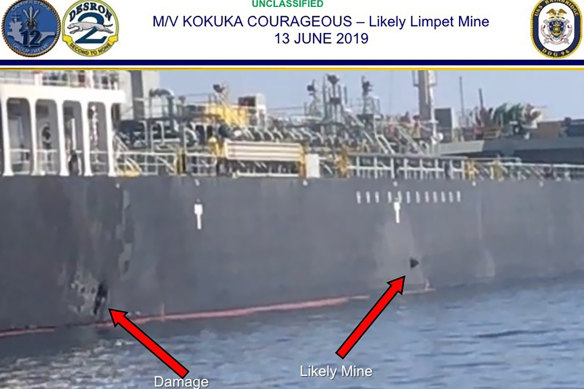 A US military photo from June 13 shows damage to a tanker in the Gulf of Oman. 