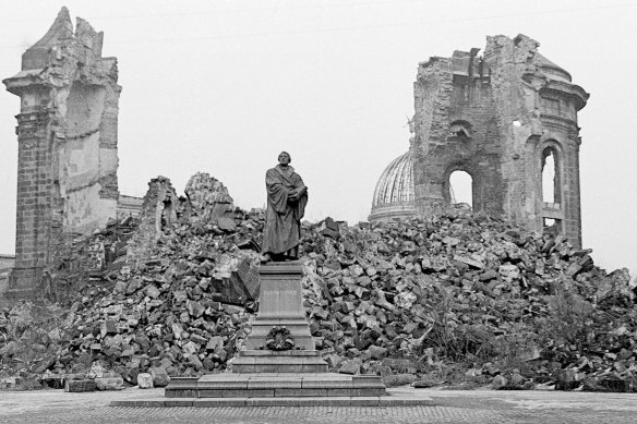 The Frauenkirche (Church of Our Lady) in Dresden in 1967. The Allies bombed it in World War II and it was deliberately left in ruins until after Germany’s reunification.