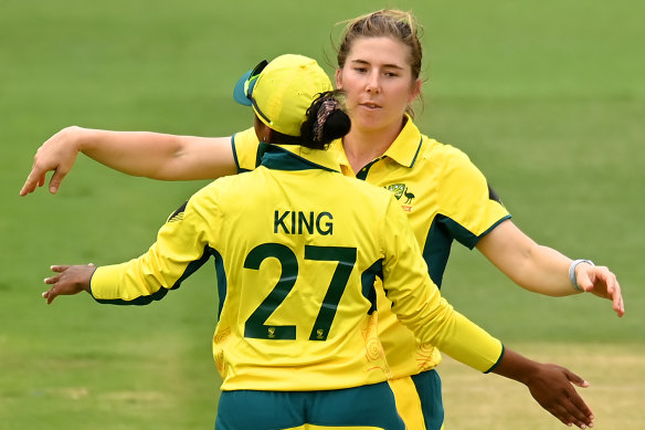 Georgia Wareham takes the wicket of Afy Fletcher.