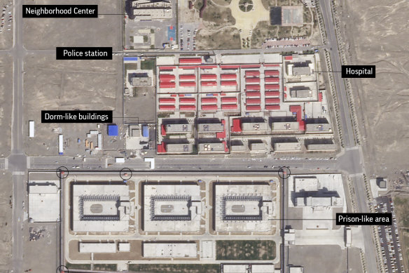 A satellite image shows a forced internment camp in the Xinjiang region of China. Experts say the Chinese government has detained up to 1.8 million Uighurs, ethnic Kazakhs and other Muslim minorities for what it calls "voluntary job training".