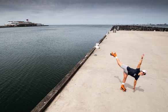 Sheldon Kelly enjoys a warm day skating on Princes Pier, Port Melbourne last month.