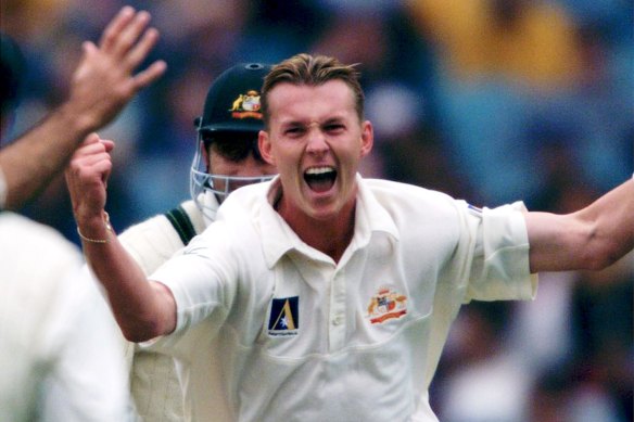 Brett Lee celebrates his first Test wicket after bowling Indian opener Sadagopan Ramesh at the MCG in 1999.
