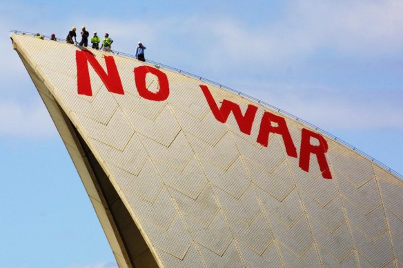 The No War slogan on the Sydney Opera House in 2003.