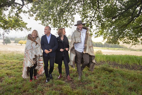 Aunty Geraldine Atkinson, Deputy Premier James Merlino, Aboriginal Affairs Minister Gabrielle Williams and Marcus Stewart at the announcement of the Yoorrook Justice Commission in March 2020. 