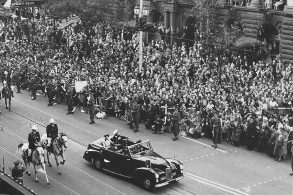Huge crowds gathered to watch the Queen and Prince Philip in Swanston Street during the 1954 royal visit to Australia.