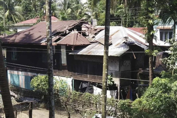 A view of the roof of a house damaged by bombs dropped from a drone in Ali village in Maungdaw township.