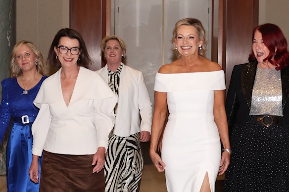 Liberal MPs Melissa McIntosh, Senator Anne Ruston, Mary Aldred, Opposition Leader Sussan Ley and Melissa Price go to the ball.