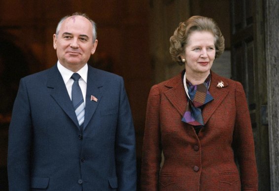 Soviet leader Mikhail Gorbachev, left, and Britain’s Prime Minister Margaret Thatcher pose for a picture in London, 1984.