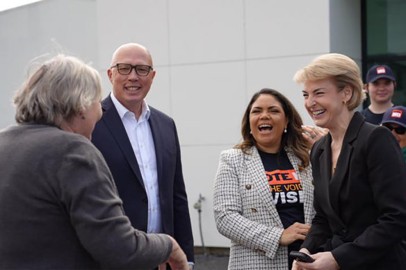 Opposition Leader Peter Dutton, Jacinta Nampijinpa Price and Michaelia Cash in Perth for the start of Voice pre-polling.