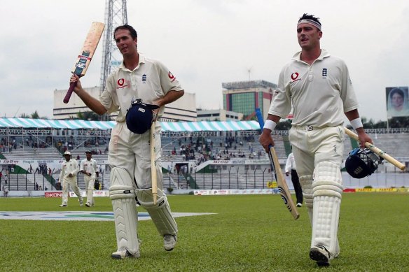 Vaughan and Thorpe leave the field after a successful day’s play against Bangladesh in 2003.