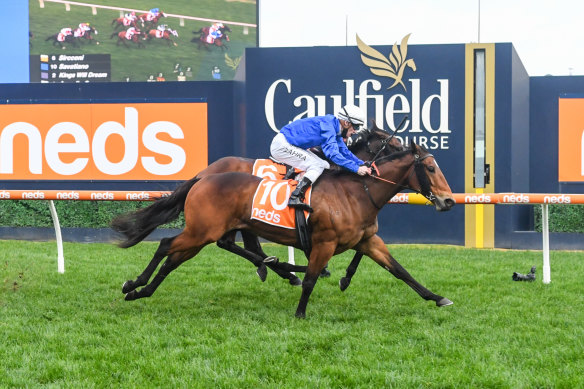 Jockey Mark Zahra steers Savatiano to the win at the P.B. Lawrence Stakes at Caulfield Racecourse. 