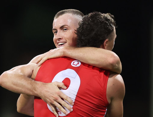 Chad Warner celebrates the goal that sealed the match with Will Hayward