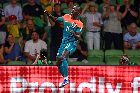 Awer Mabil scores for the Socceroos at AAMI Park in March. It’s now his home ground after signing with Melbourne City.