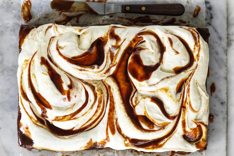 Banana tray cake with cream cheese icing and miso caramel. 
