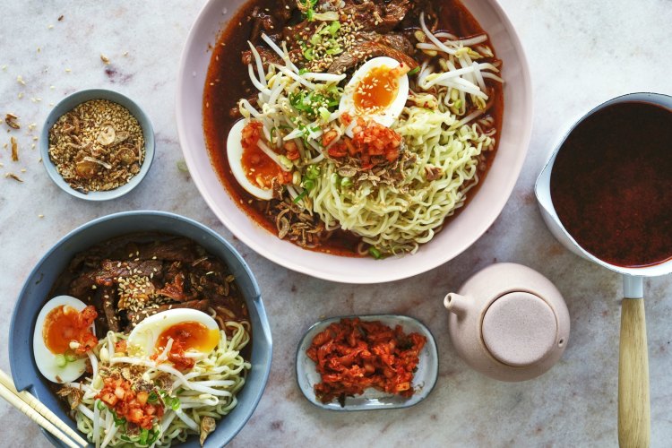 Karen Martini’s ramyeon noodles with spicy broth, chilli beef, soft-boiled egg and kimchi.