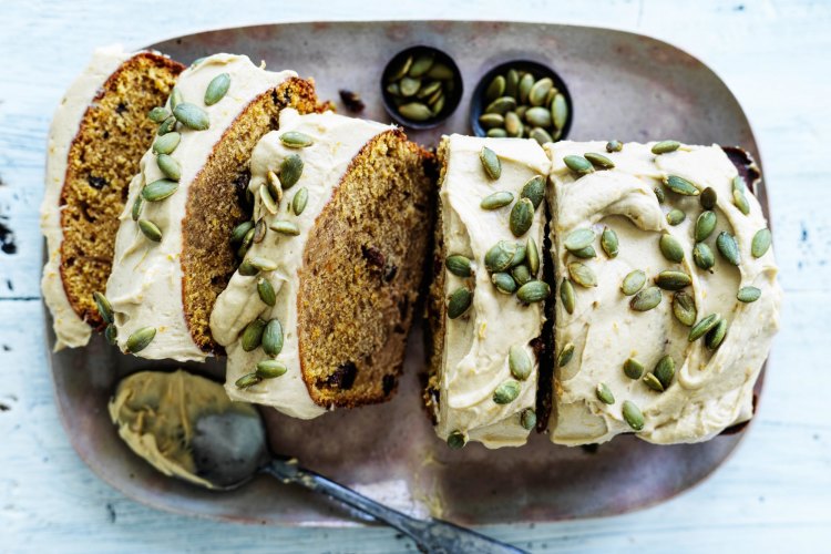 Spiced pumpkin loaf cake with brown-sugar cream cheese icing.