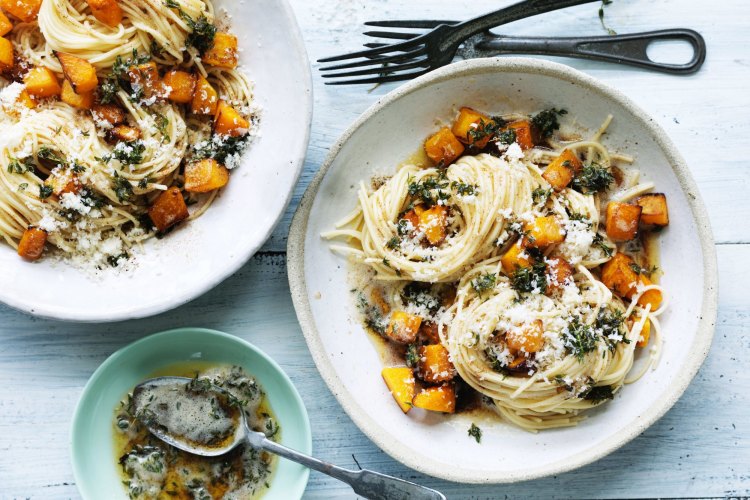 Adam Liaw recipe: Spaghetti withÂ pumpkin, thyme and brownÂ butter. Photograph by WilliamÂ Meppem. Archive image rotated.