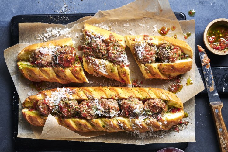 Chimichurri meatball sub. SageÃÂ CreativeÃÂ autumn/winter recipes for Good Food online and Home Front. September 2022. Good Food use only. Please credit James Moffatt