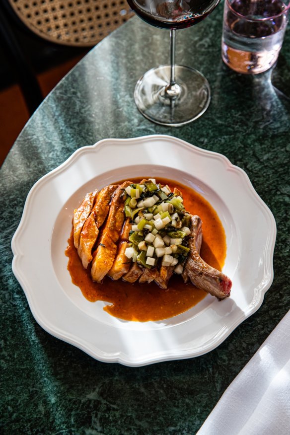 Pork chop, nashi and gochujang.