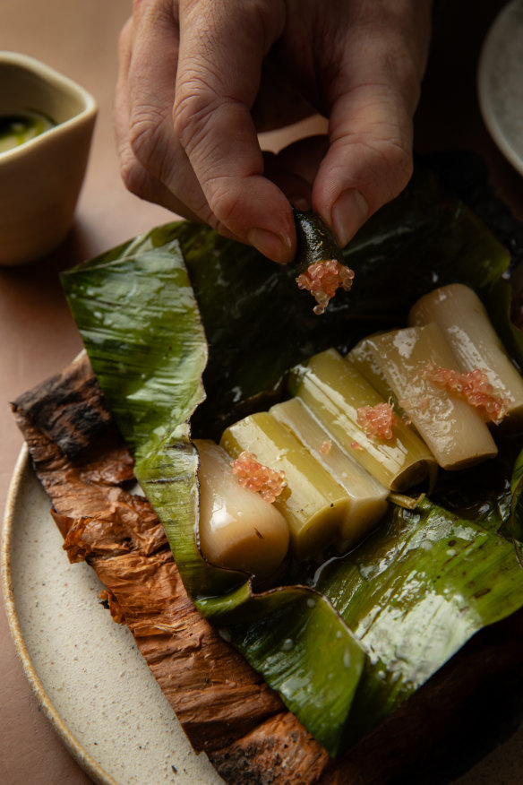 Paperbark package with leek, lovage and Monforte cheese.