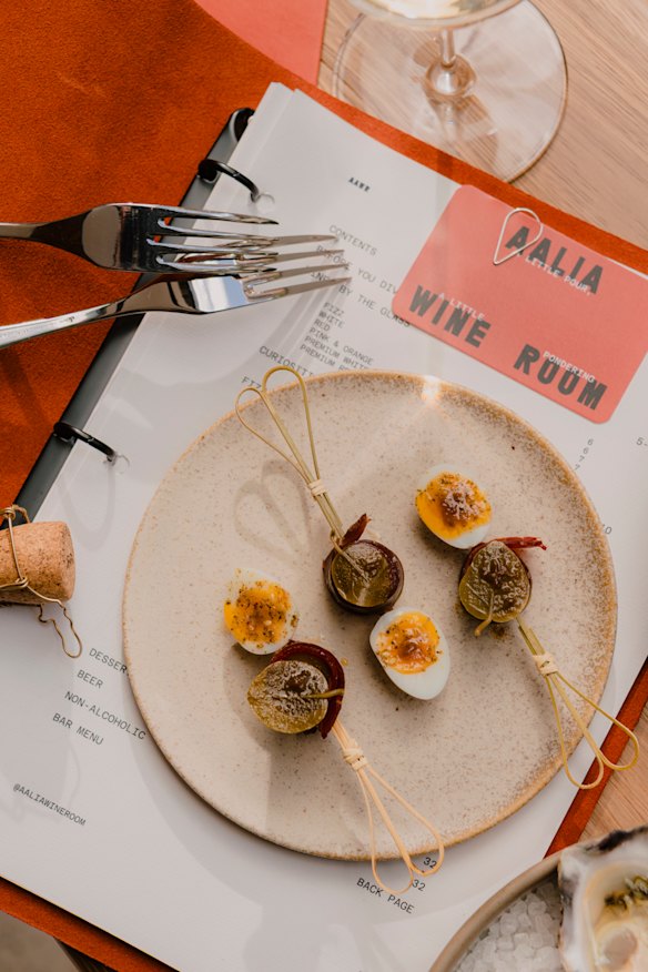 The basturma, pickled chilli and quail’s egg gilda.