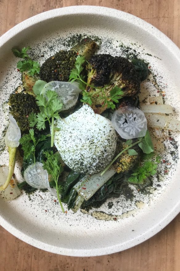 Winter greens with miso eggplant and house togarashi.
