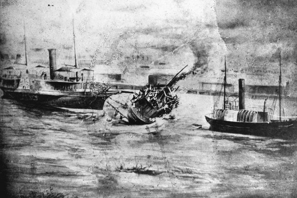 Wreck of the Pearl off the South Brisbane bank of the Brisbane River.