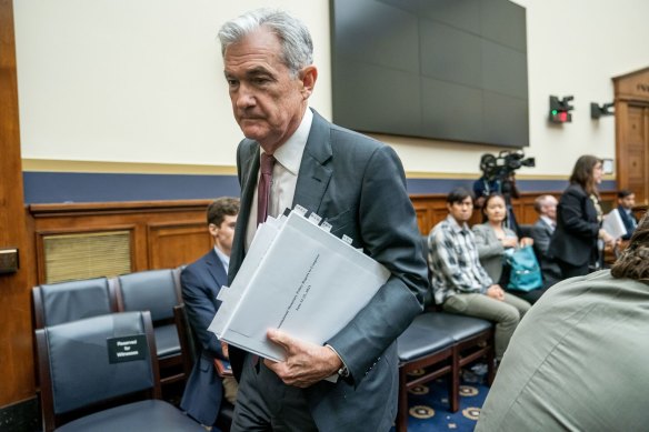 Jerome Powell, chairman of the US Federal Reserve, exits following a House Financial Services Committee hearing in Washington.
