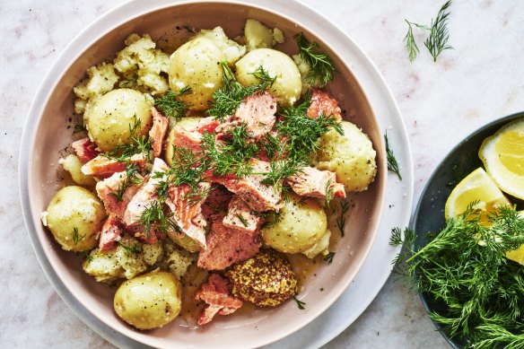 Boiled new potatoes with salmon and dill.