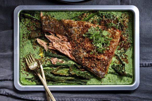 One tray baked fish and creamed greens.