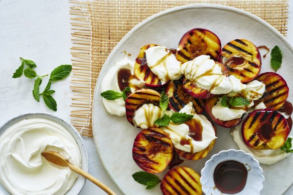 Adam Liaw's grilled peaches with yoghurt and brown sugar syrup