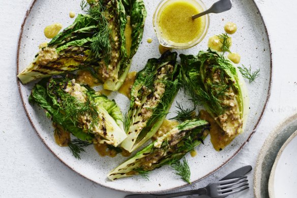 Adam Liaw's grilled gem lettuce with anchovy vinaigrette