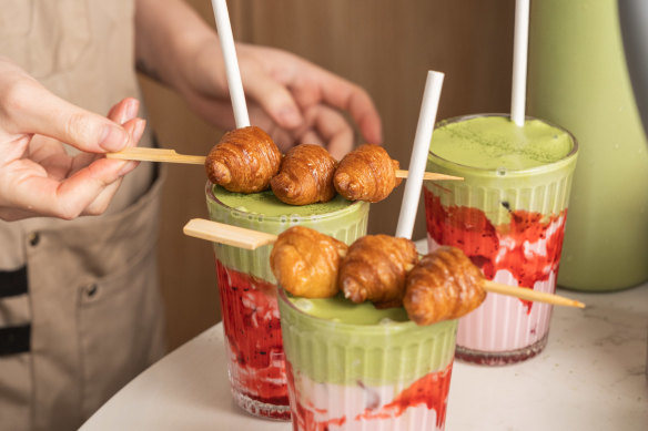 The Bloom-tini, served here as an iced strawberry matcha.
