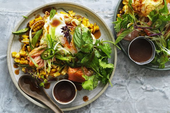 Corn and smoked trout salad crowned with a crisp-fried egg.