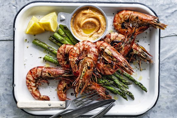 Barbecued prawns and asparagus with lemon pepper mayonnaise.