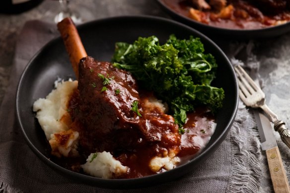 Lamb shanks in red wine sauce.