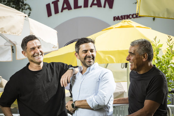 Michael Costanzo from D.O.C,
Fabio Angele from Brunetti Classico and
Luca Sbardella from King &amp; Godfree at the Lygon Street Precinct.