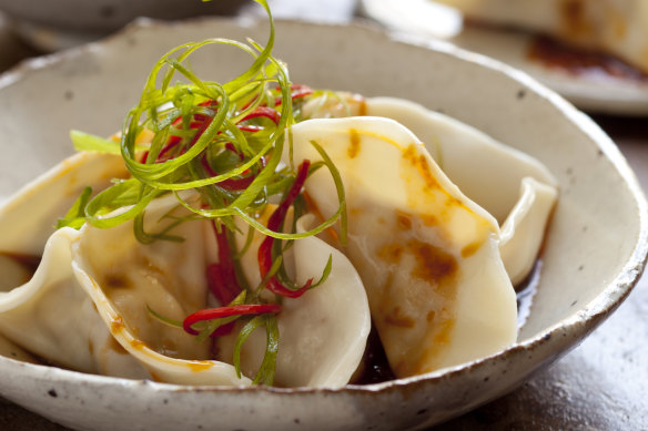 Pork and shiitake dumplings in chilli oil.