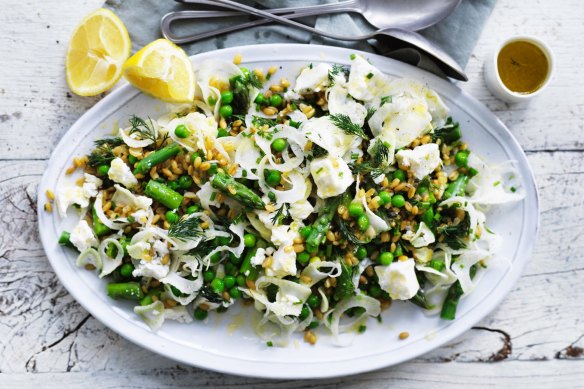 Danielle Alvarez's farro and spring vegetable salad with dill, feta and lemon recipe.