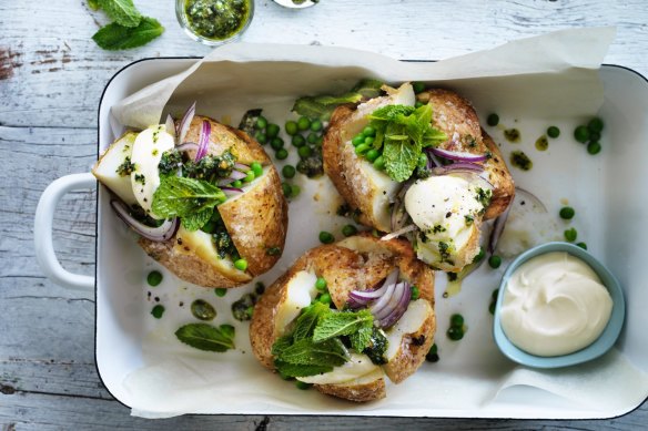 Jill Dupleix's baked potato with peas and rough pesto recipe.